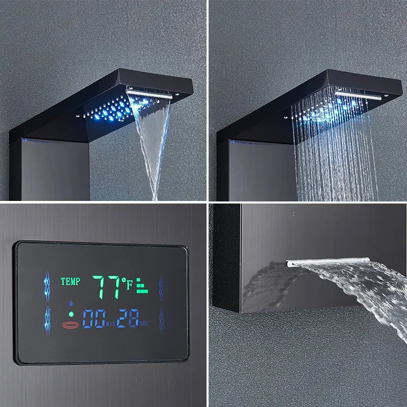 Panel de ducha con luz LED negra, sistema de grifo de cascada y