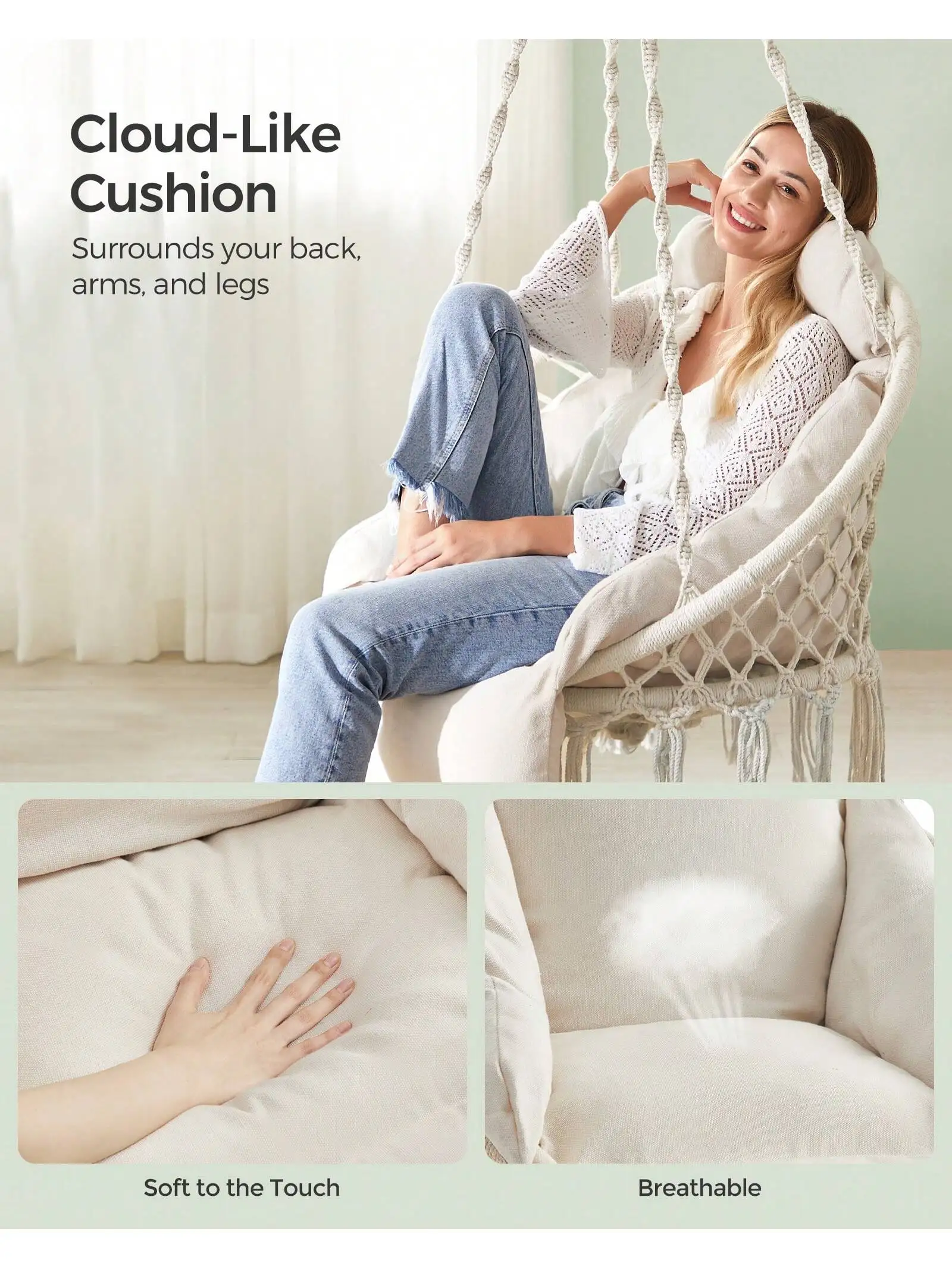 SONGMICS Hanging Chair, Hammock Chair with Large, Thick Cushion, Boho Swing Chair for Bedroom, Patio, Balcony, Garden 4
