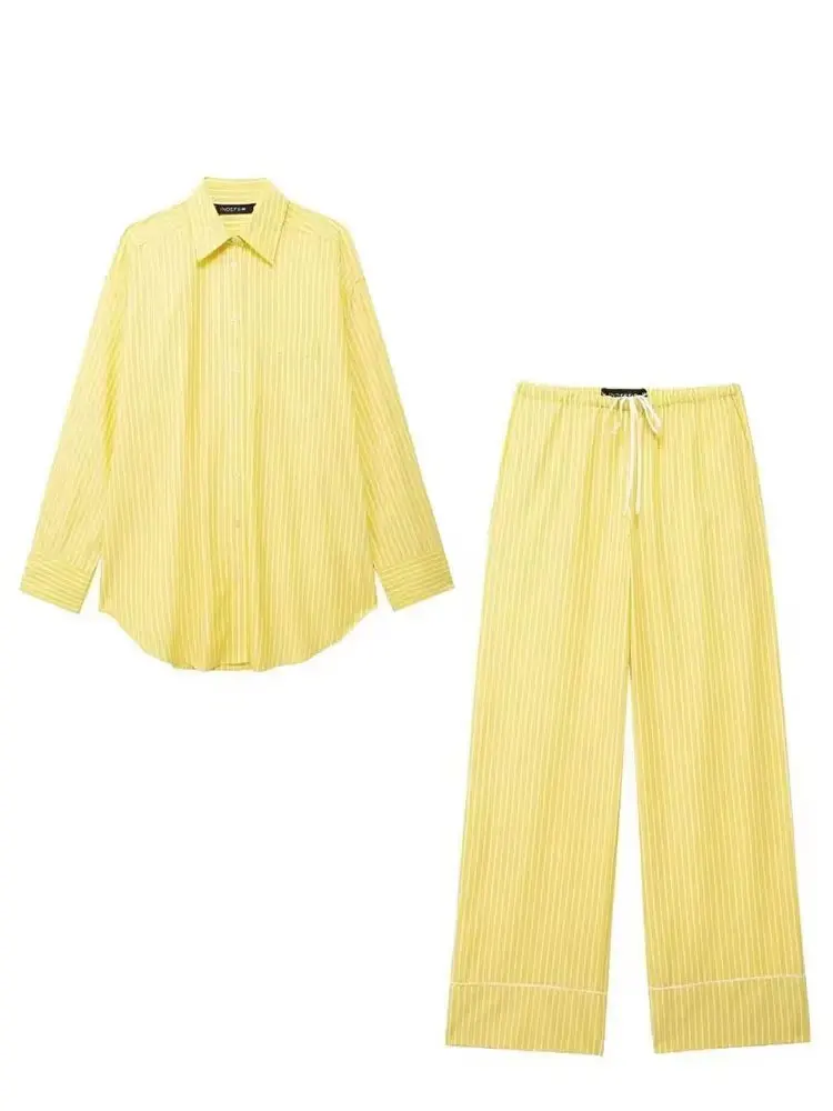 HH Women Yellow Stripe Blouse Pant Suit Loose  Long Sleeve Shirt Drawstring Trousers 2024 Female Fashion Streetwear Outfits