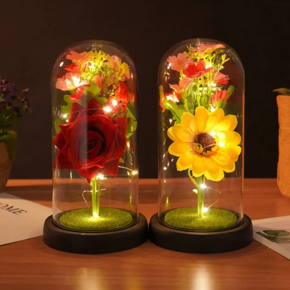 

Sunflower Gift For Girlfriend PU Simulation Rose Night Light Gift With Glass Cover Decoration Creative Valentine's Day Gift