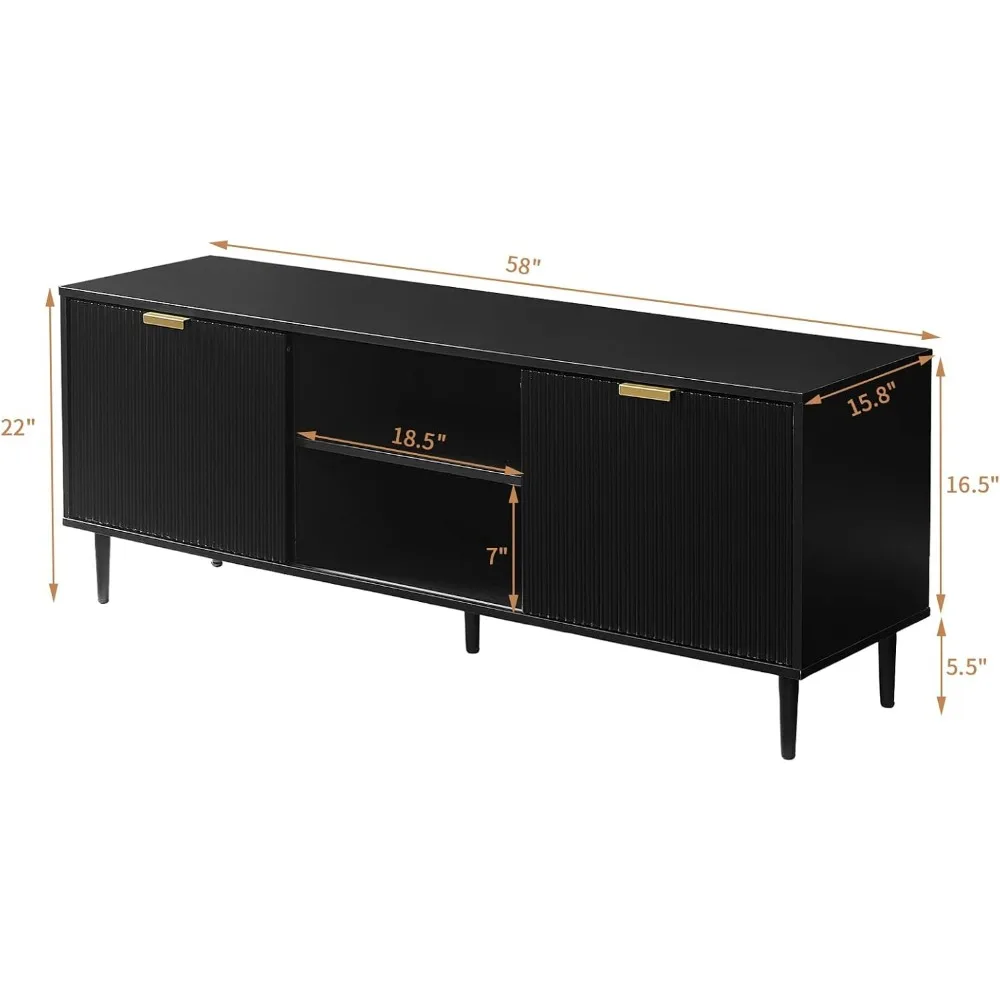 Black TV Stand, Modern TV Consoles for Living Room 65+ Inch TV, Fluted Panel Media Console with Sliding Doors & Ajustable Shelv 5
