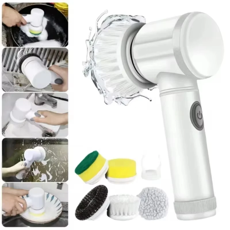 Cleaning Brush Electric Spin Bathroom with 5 Brush Heads 5 in 1 Kitchen Dishwashing Gadgets