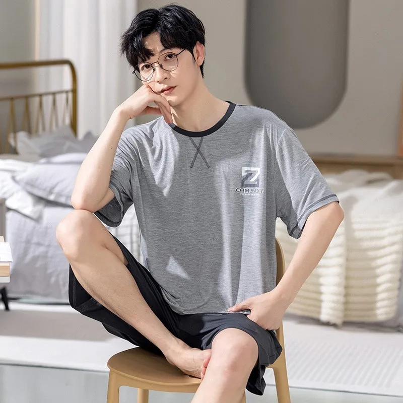 Pajamas Men Cotton Short-sleeved Summer Men Teen Homewear 2-Piece Suit Breathable Casual Loungewear Homme