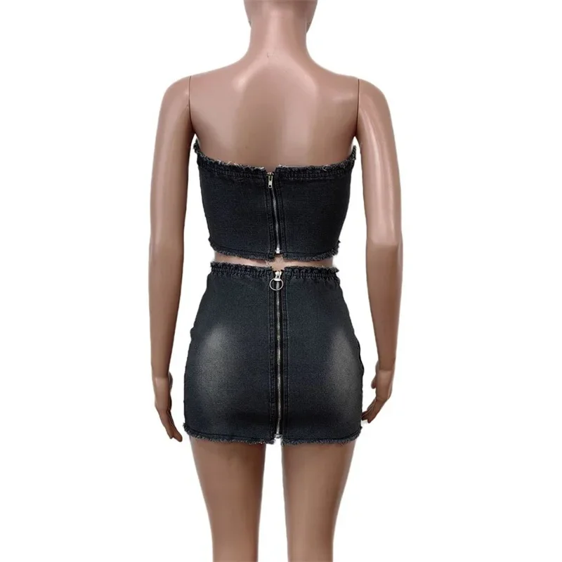Fashion Sexy Adjustable Wrap Bust Tops Women New Denim 2 Piece Sets Back Ultra Short Skirt Zipper Female Suits Casual Streetwear