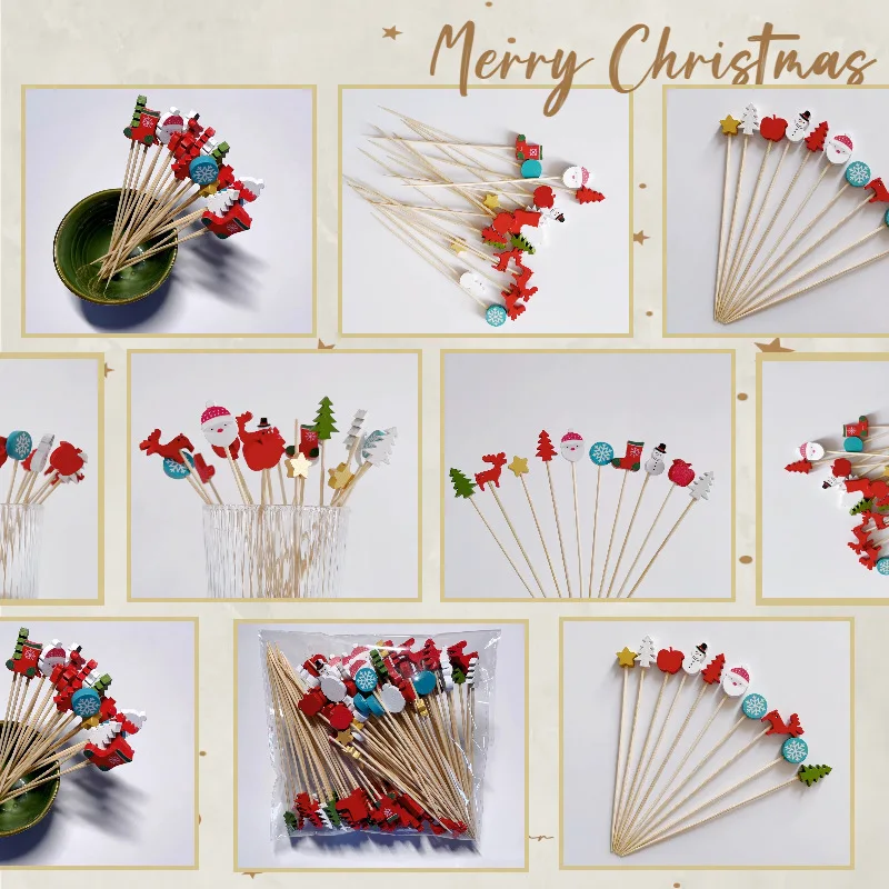 50/100pc Weihnachten Bambus Sticks für Kuchen Lebensmittel Pick Zahnstocher Weihnachten Party Dekoration Weihnachten Festival Party Neue Jahr Dekoration – Detail 18