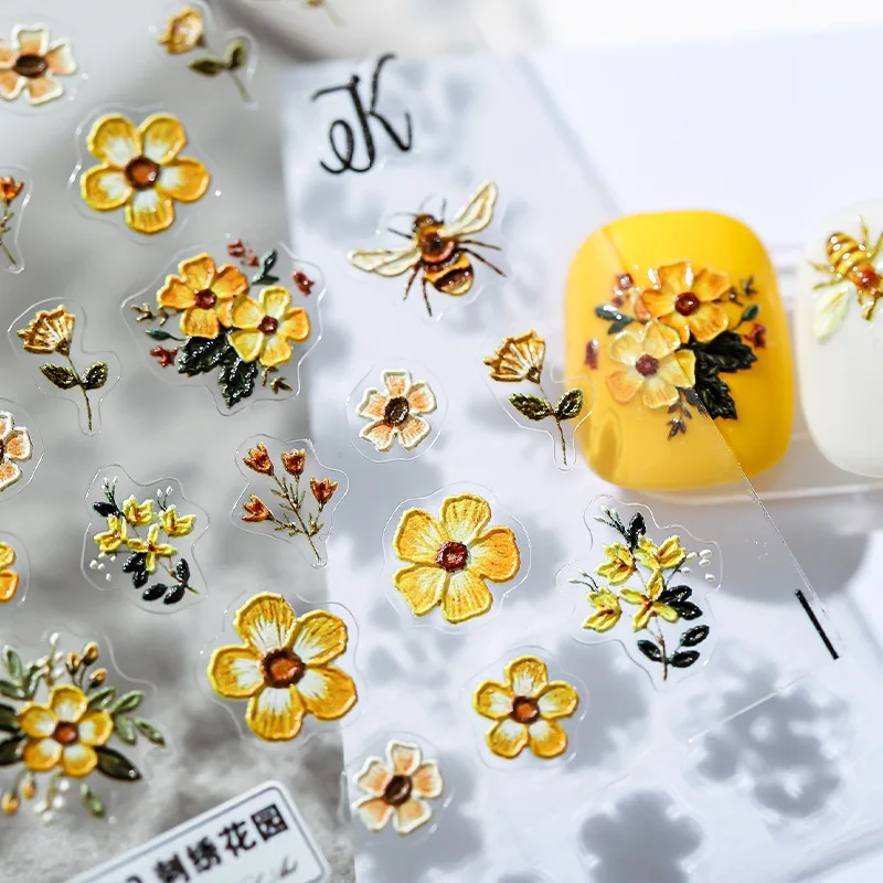 Yellow Flowers Bee 5D Soft Embossed Reliefs Nail Art Decorations Stickers Daisy 3D Adhesive Nail Decals Wholesale Dropshipping