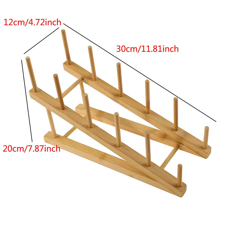 Bamboo dish and lid drain rack in natural wood finish on kitchen counter