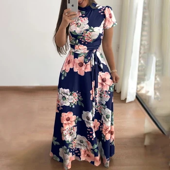 Women's Floral Print Summer Dress - 2025 New Boho A-Line Swing Dress with Short Sleeves, High Waist Flowy Maxi Dress for Beach & 1
