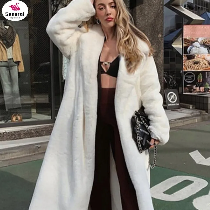 

SEPAQI New Women Autumn Winter Furry Warm Fur Outerwear Fashion Loose Faux Fur Rabbit Long Jacket Casual Thickened Fur Coat