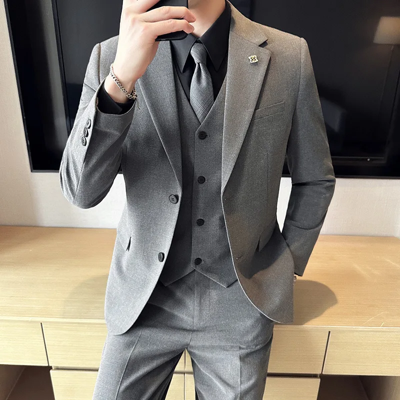 (Jacket+Vest+Pant) Luxury Men's Slim Fit Suits 3-Pcs Formal Business Work Wedding Stage Tuxedo High Quality Suit Plus Size 7XL-S
