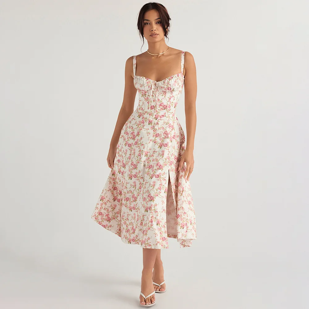 Floral Bustier Midriff Waist Shaper Dress Comfy Bustier Sundress Slim  Bodycon Elegant A-line Summer High Split Party Midi Dress