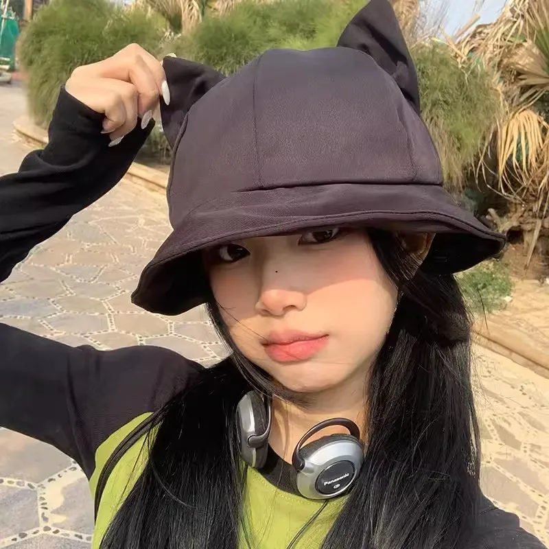 Bucket Hat Women Cute Cat Ear Fisherman Cap Autumn Winter Hats For Women Korean Fashion Design Casual Cartoon Windproof Warm bucket hat women bucket hat women hat