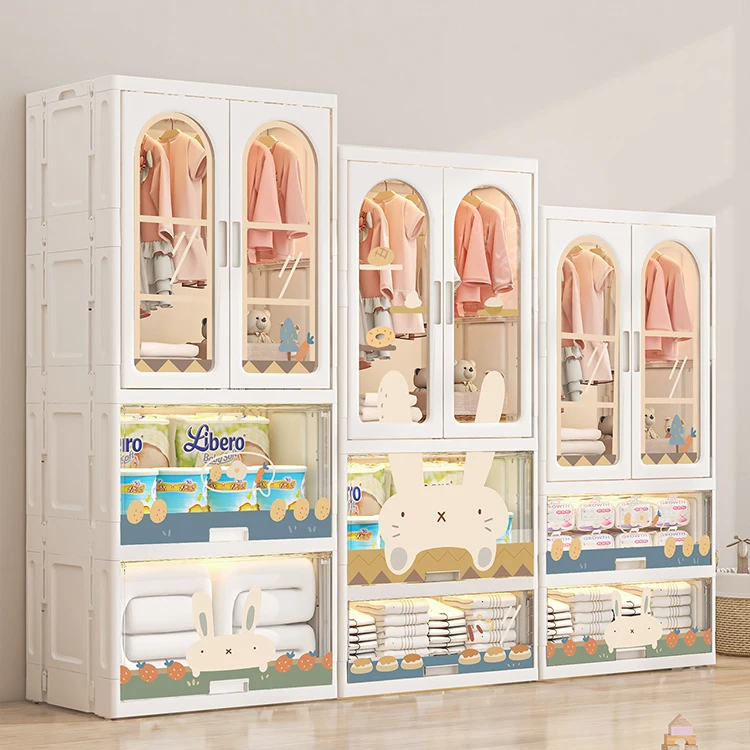 

Easy Installation Kids Wardrobe Closets Multi-functional Baby Plastic Drawer Storage Cabinet Wardrobe with Drawers and Hangers