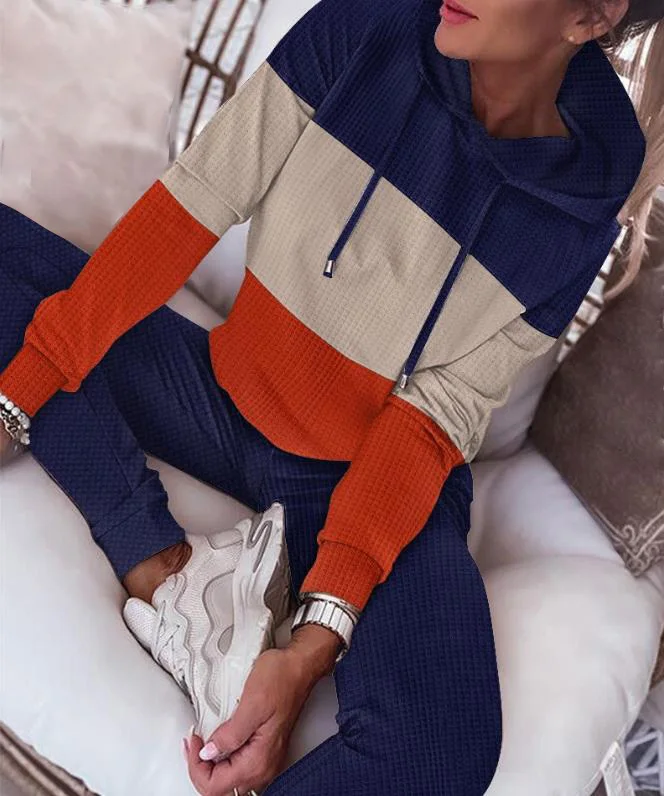 

Fashion Women's 2 Piece Set Outfit Striped Colorblock Waffle Knit Long Sleeve Hoodie & Casual Cuffed Pants Set 2023 Autumn Suits