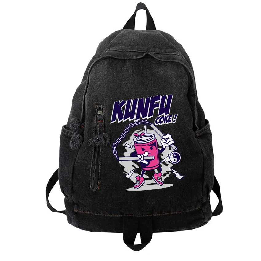 

Fashion Ladies Soft Backpack Trendy Denim Boy Girl Male Female Backpack Men Women Funny Anime Cartoon Kunfu Coke Printed Bag