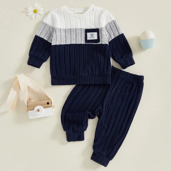 VISgogo 0-3 Years Boys Fall 2Pcs Clothes Sets Long Sleeve O Neck Patchwork Pullover Solid Color Pants 1