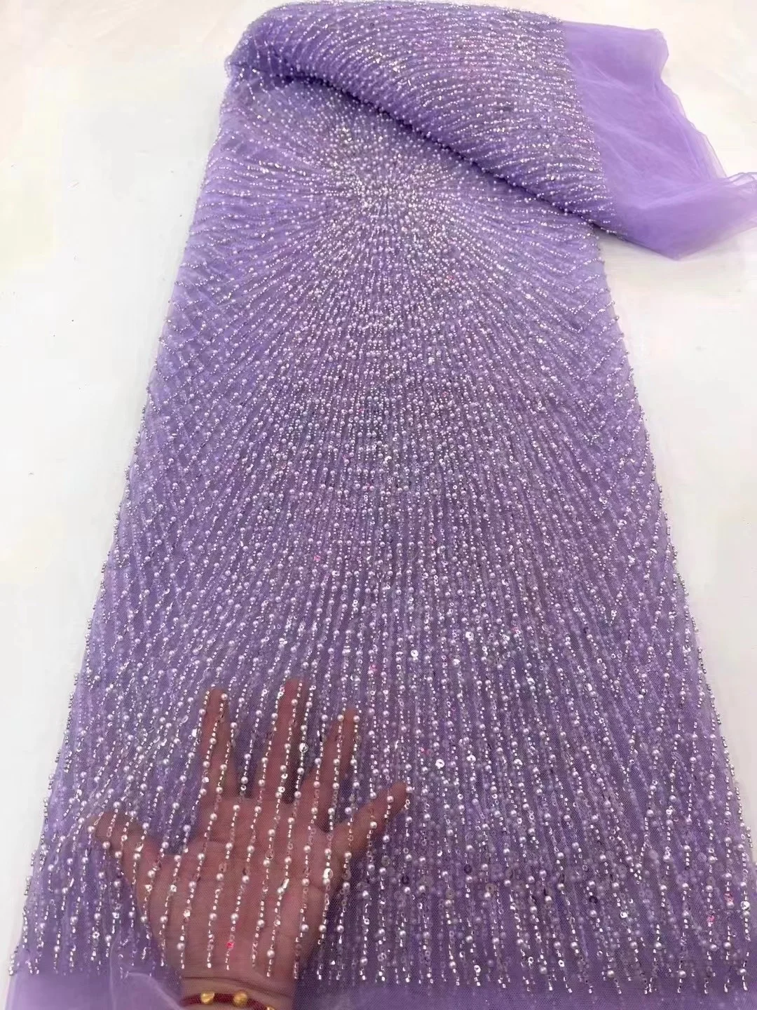 

Purple Luxury Tulle Lace African Sequence Lace Fabric with Beads High Quality Nigerian French Mesh Net Lace Fabric for Wedding