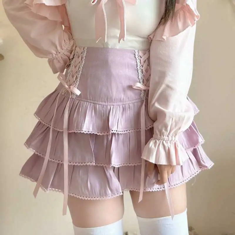 Japanese Kawaii Sweet Lolita Style Skirts for Women, Aesthetic Bandage Fairy Skirts, Cute High Waist, Pleated Mini Short Skirt,