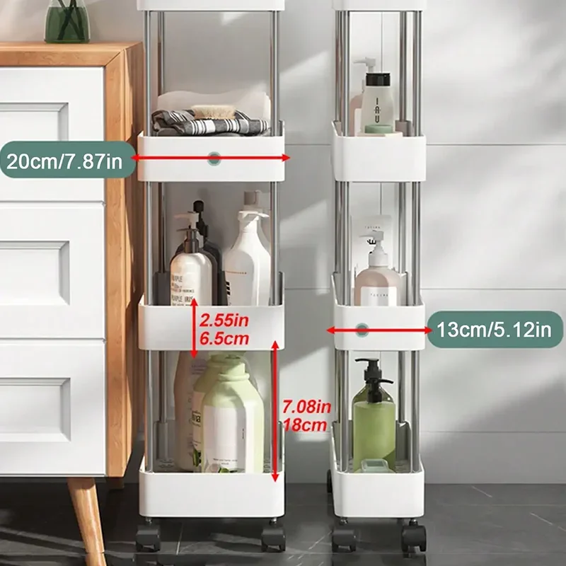 3/4 Tier Movable Gap Storage Rack Rolling Utility Cart Storage Shelf Kitchen Bathroom Slim Slide Organizer Shelf Livingroom