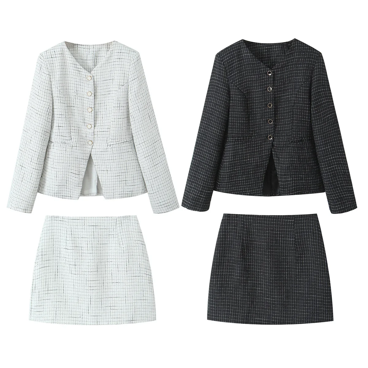 French Style Retro V collar Plaid Woven Tweed Blazer + High Waist Mini Short Skirts Suits 2 pieces 1 Set Black White