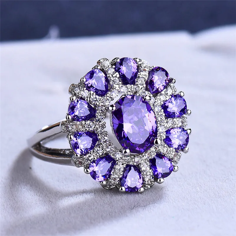 Charm Female Purple Zircon Stone Engagement Ring Silver Color Wedding Jewelry For Women