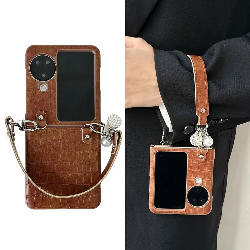 For OPPO Find N3 Flip Premium Crocodile Leather Bracelet Case For OPPO Find N2 Flip With Strap Rhinestone Pearl Pendant Cover