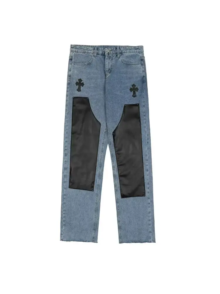 High Street Color Block Spliced Washed Jeans Mens Oversize Wide Leg Straight Denim Flare Pants Retro Loose Casual Trousers