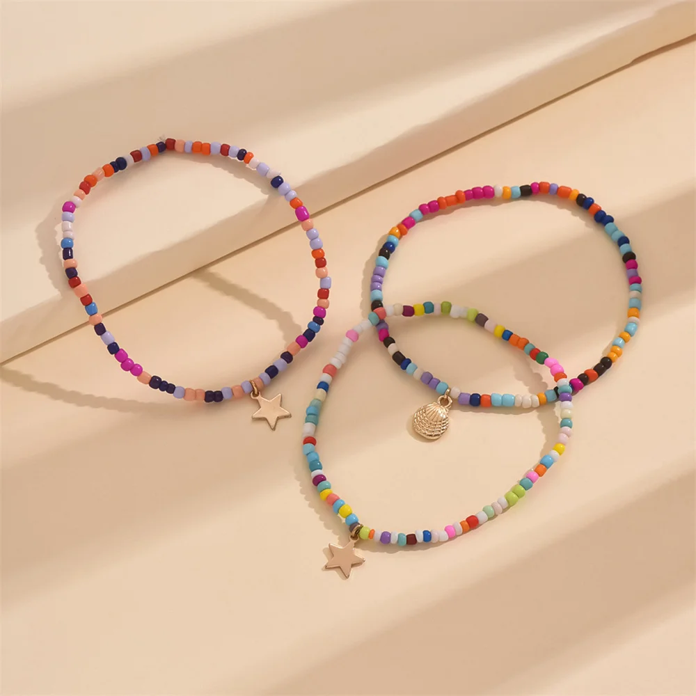 Cute Stars Shell Rainbow Beads Anklets For Women Multilayer Foot Chains Ankle Bracelet Beach Jewelry 3pcs/set Summer Accessories