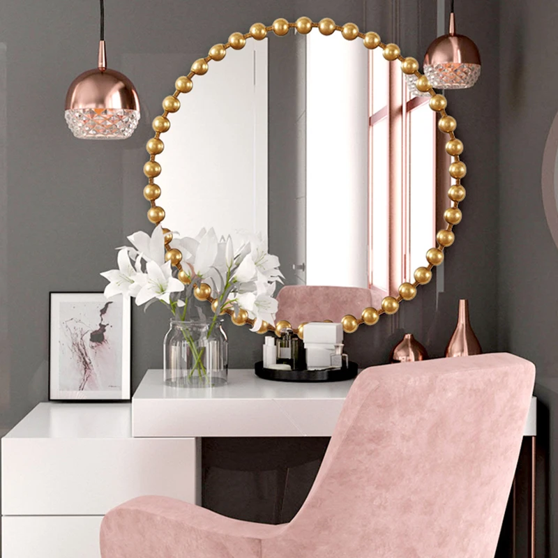 

Dressing Table Art Mirror Bathroom Round Nordic Smart Hairdressing Bedroom Mirror Led Makeup Espejo Redondo Decorating Room