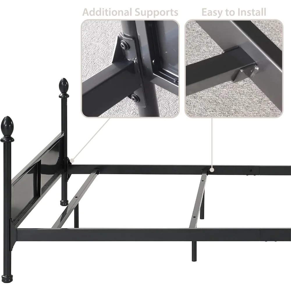 Modern Curved Metal Poster Bed King Size with Boucle Fabric Headboard and Panel Style Footboard, Gunmetal Black