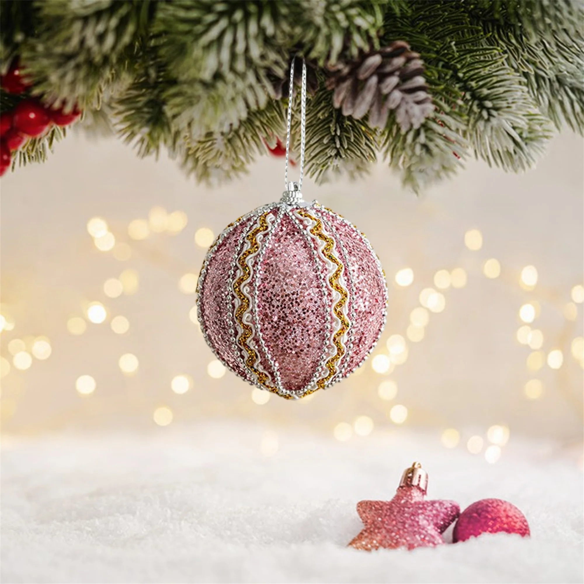 Christmas Tree Ornaments Glitter Plastic Ball Present Welcome Sign Ornaments Hanging Decorations for Home and Office