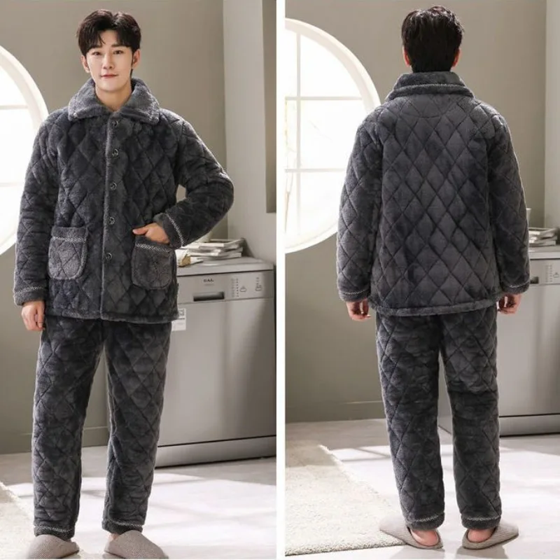 2023 New Pajamas Men's Winter Thick Fleece Coral Fleece Triple Layer Cotton Flannel Nightwear Warm Homewear Set Autumn Sleepwear