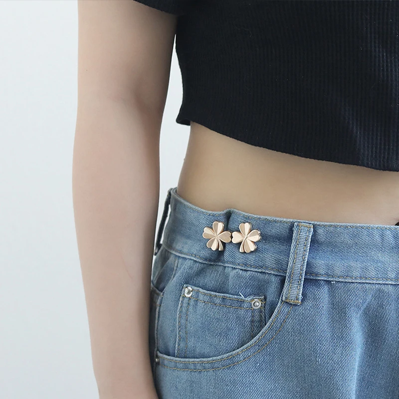 1Pair Four Leaf Clover Tightener Adjustable Waist Buckle For Jeans No Sewing Required Button Removable Pants Skirts