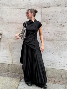 Women Vintage Black Irregular Buttons Top Fashion Solid Lapel Short Sleeve Slim Cropped Blouse 2026 Lady Daily Street Y2k Tops 1