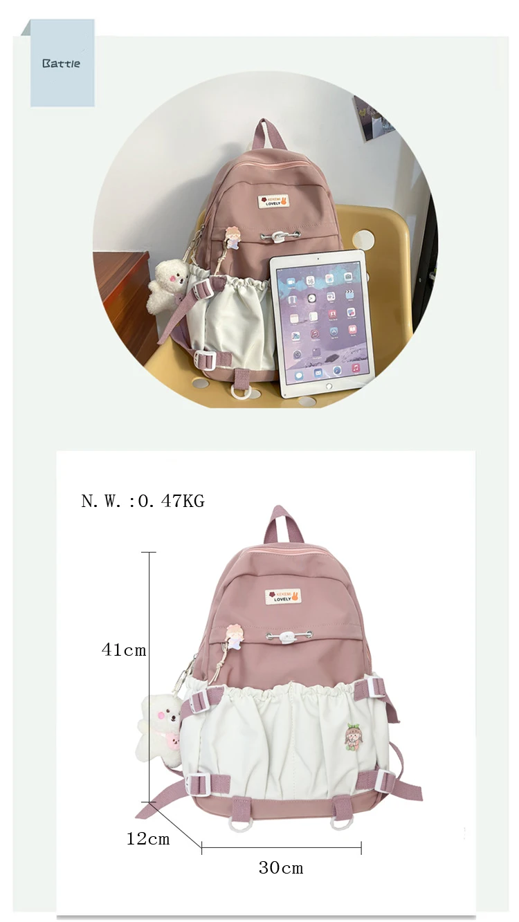 Spring Ladies Cute Backpack Large Elastic Pocket Student Schoolbag Female Fashion Kawaii Bagkpack Teenage Girls Laptop Backpacks