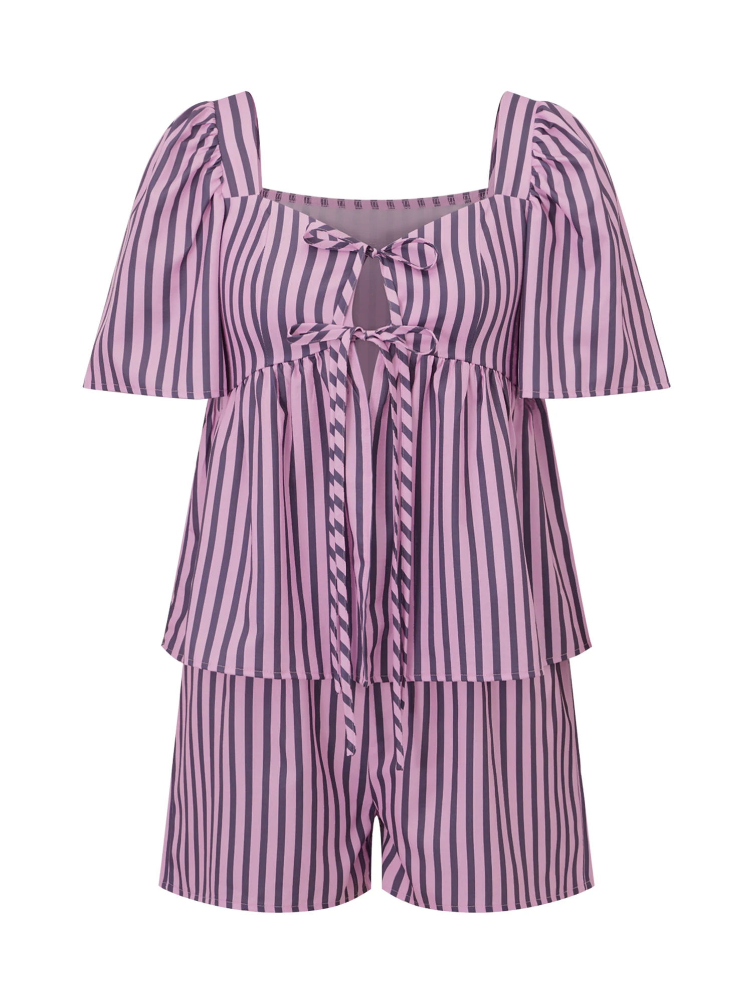 Women s Cozy Two Piece Pajama Set with Short Sleeve Striped Top and Matching Shorts for Comfortable Lounging