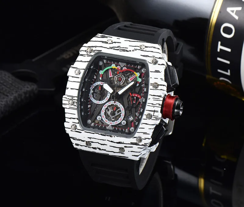 2022 Full-featured 6-pin Men's High Quality Quartz Watch Hollow Glass Back Stainless Steel Case Watch Black Rubber
