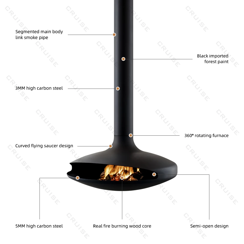 CRUISE Led Fireplace Modern Hanging Fireplace Indoor Hanging Simulation Wood Burn 600mm Suspended Bioethanol