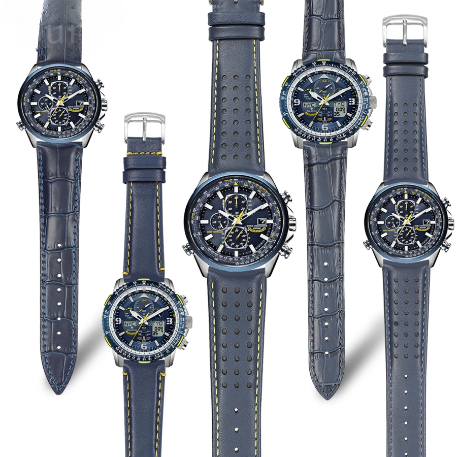 Per Citizen Blue Angel 2 Generazione In Vera Pelle Da Uomo 22 23Mm Eco-Drive Originale Blue Yellow Line Cinturino Per Orologio Di Alta Qualità