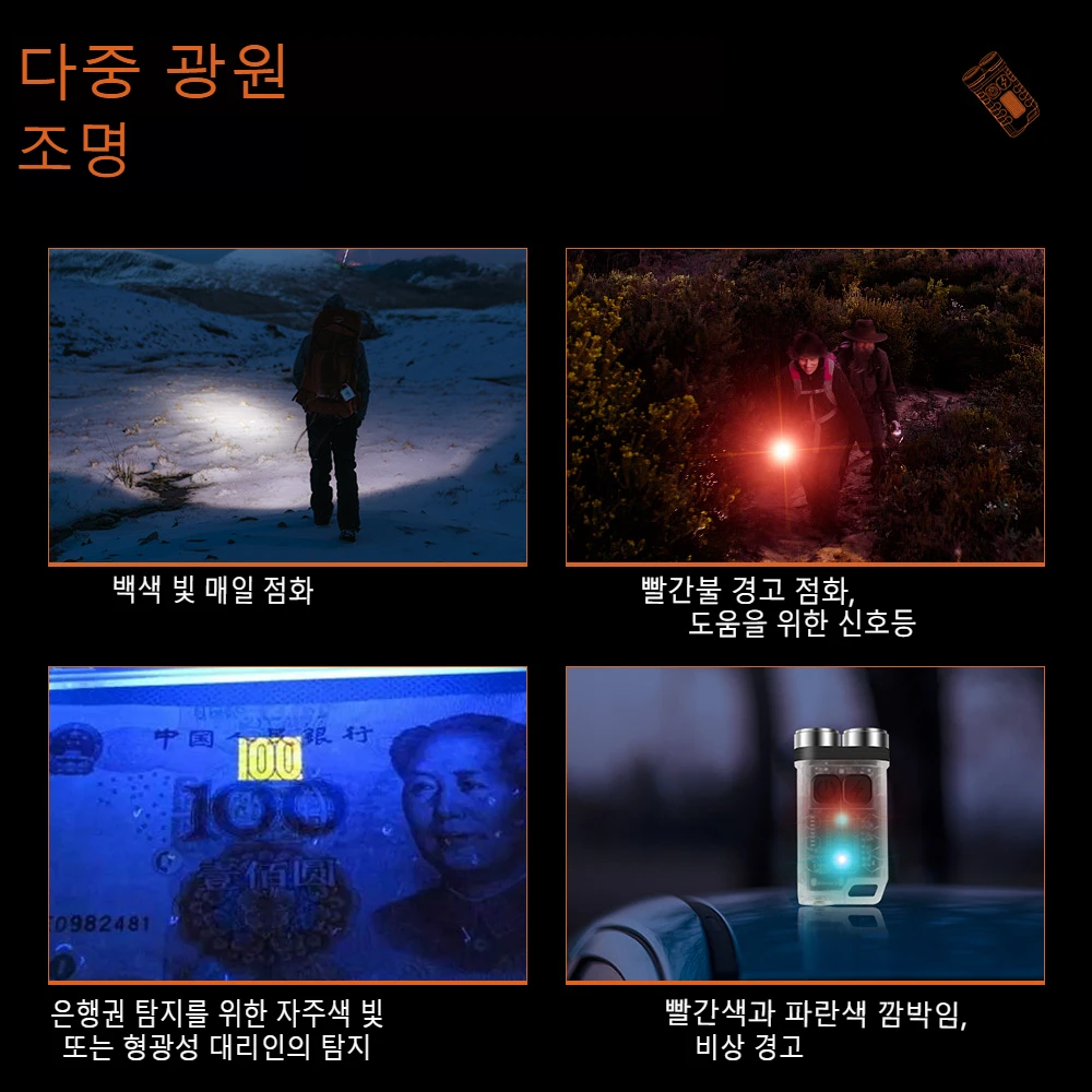 BORUiT 미니 EDC LED 키체인 손전등, USB-C 충전식 토치, 티키 스포트라이트, 방수 캠핑 랜턴, 자석 UV 라이트