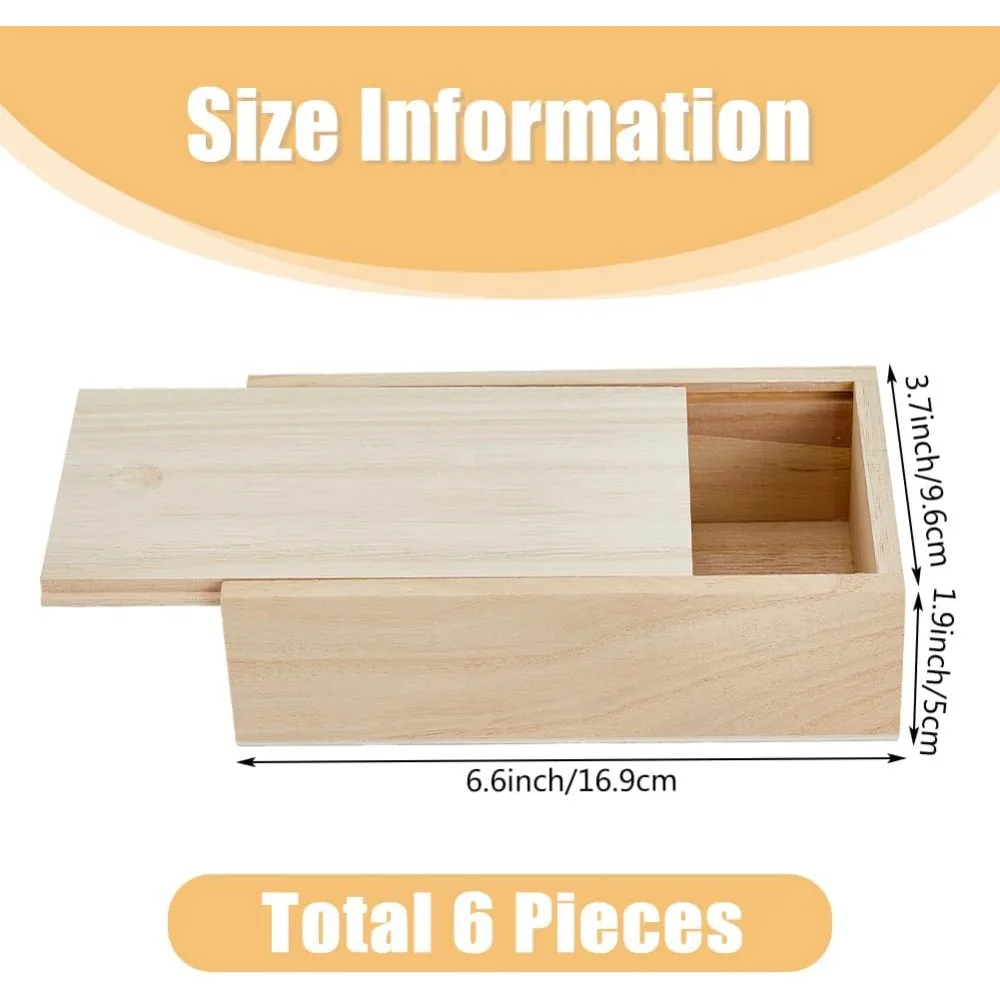 6Pcs Wood Box with Slide Lid 6.6x3.7inch Unfinished Wooden Storage Box Small Wooden Trinket Storage with Slide Top