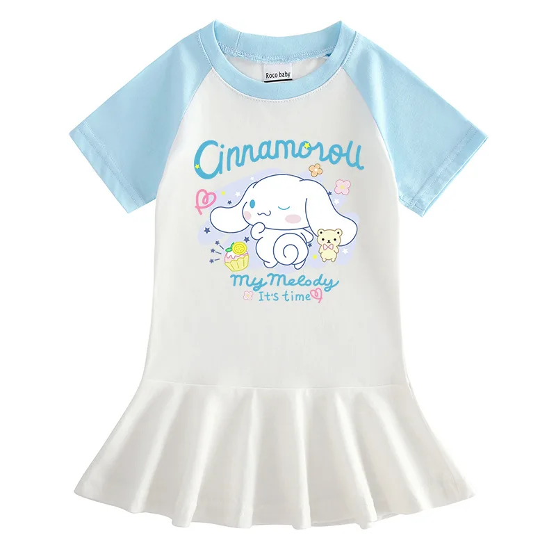 

Anime Sanrioed Cinnamoroll Children's Summer Cartoon Half Sleeve Cute Girls' Dresses Students Thin Cotton Anime Pleated Skirt