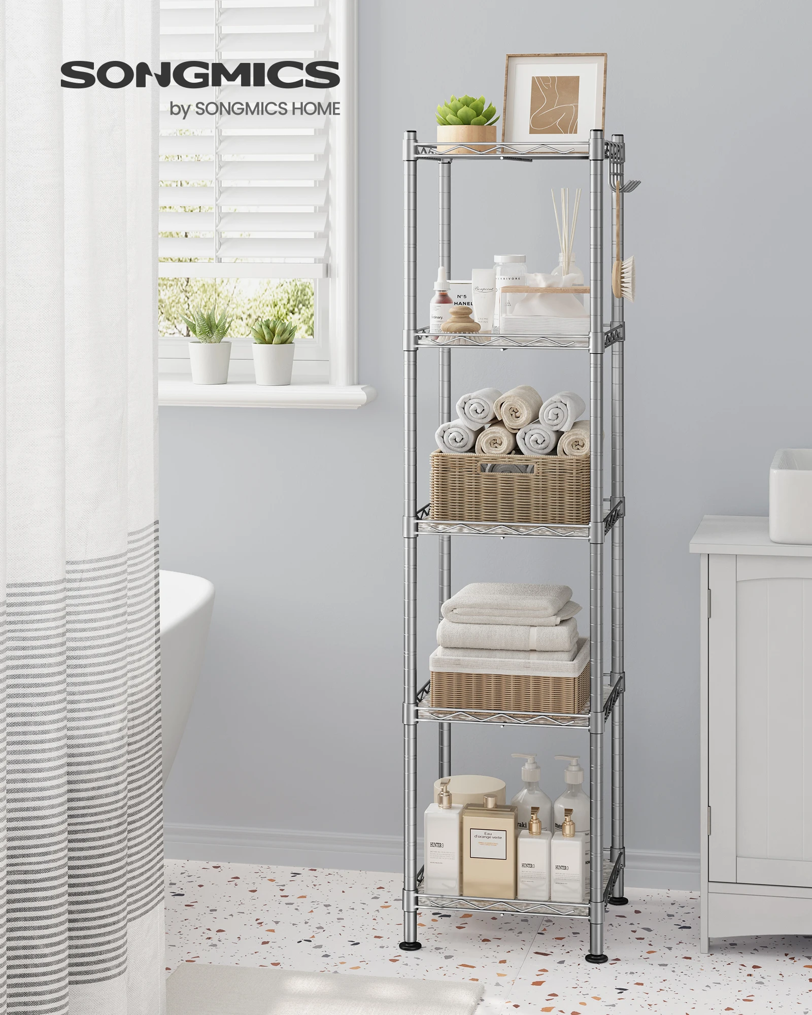 SONGMICS 5-Tier Bathroom Shelf, Storage Rack for Small Space, with 5 PP Shelf Liners, Removable Hook, Extendable Design 2