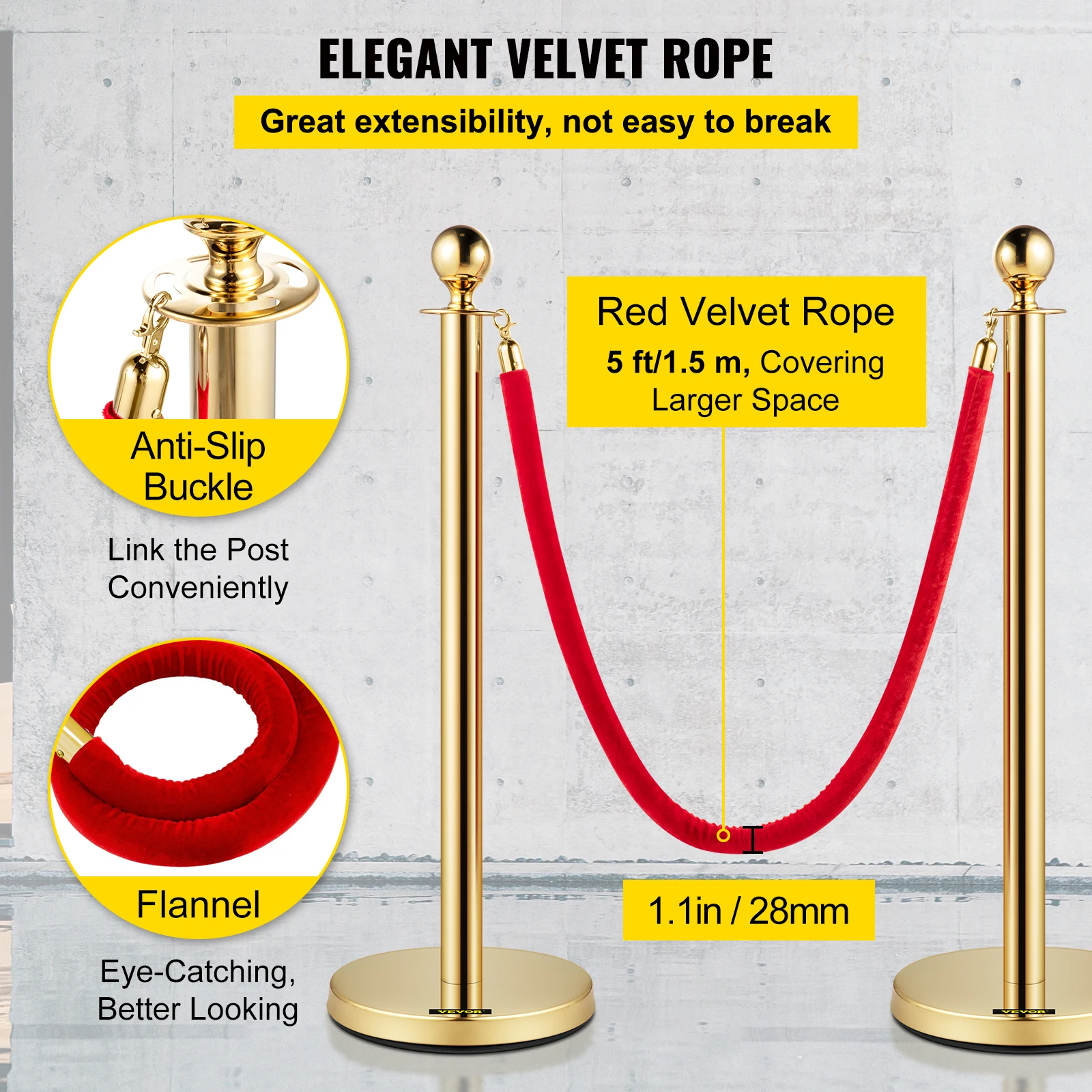 VEVOR Gold Crowd Control Barrier 5 ft/1.5 m Elegant Velvet Ropes and Posts Stainless Steel Stanchion with Ball Top 2/4/6 PCS