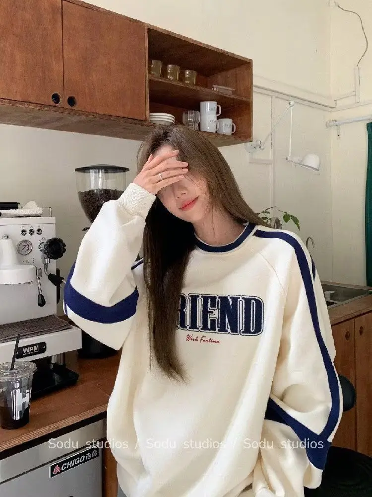 Korea Sweatshirts Fashion Round Neck Street Loose Long-sleeved Retro Jackets Autumn Letter Print Casual Pullover Tops