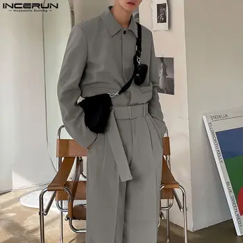 INCERUN 남성용 단색 라펠 점프수트, 긴팔 포켓, 벨트가 달린 캐주얼 롬퍼, 느슨한 카고 작업복, S-5XL 스트리트웨어, 2023