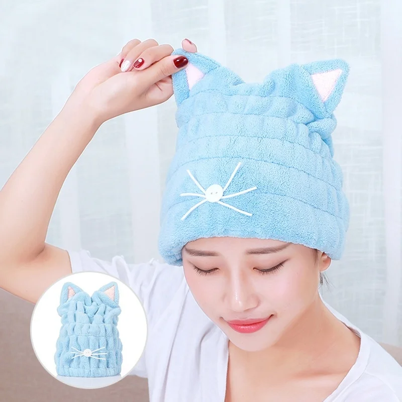 

Cute Cat Microfiber Hair-drying Towel Bath Cap Strong Absorbing Drying Long Soft Special Dry Hair Cap Towel with Coral Velvet