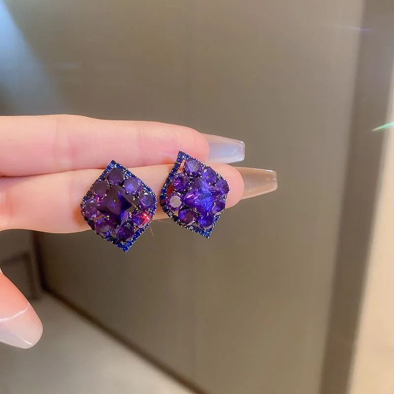 Fashion Trend Unique Design Elegant Delicate Light Luxury Purple Zircon Rhombus Earrings For Women Jewelry Party Premium Gift