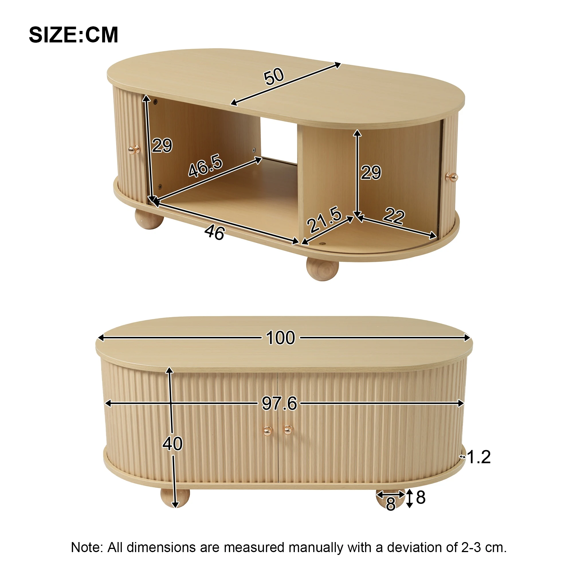 KOMHTOM Ovaler Couchtisch mit Stauraum und Schiebetüren, Platzsparendes Multifunktionsmöbel in Holzfarben – Detail 10