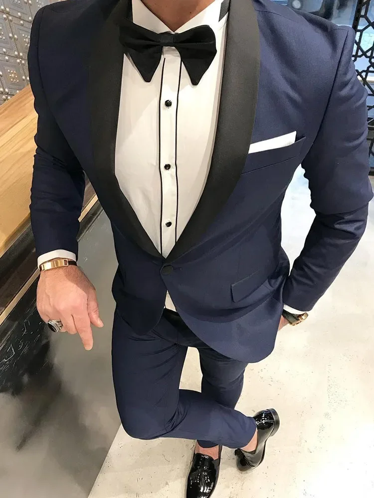 

2024 Dark Blue Formal Wedding Elegant Men Suit Groom Tuxedo Prom Slim Fit Blazers High Quality Custom 2 Piece Set Costume Homme